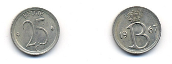 Бельгия 25 сантимов 1967 Belgie, Бодуэн I (1951-1993) KM 154.1 медно-никель 62-2731