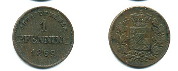 Бавария 1 пфенниг 1869 медь 62-2753