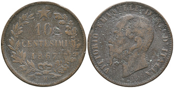 Италия 10 чентезимо 1867 H, Виктор Эммануил II (1861-1878) KM 11.3 медь 32-616