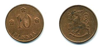 Финляндия 10 пенни 1921 республика (1918-1962) KM 24 медь 46-224