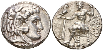 Македонское Царство тетрадрахма 323 - 315 гг. до н.э. Филипп III Арридей, голова Александра Великого в виде Геракла в львином скальпе/ЦАРЯ ФИЛИППА, Зевс на троне, держит орла и скипетр, слева корабельный руль, г. Саламин, 17,20 гр серебро 00-000-00