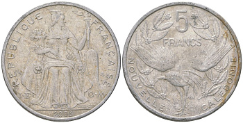 Французская Новая Каледония 5 франков 2003 птица кагу, (IEOM) KM 16, Schoen 12, Lec 81h алюминий 189-1115