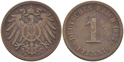 ГЕРМАНИЯ 1 ПФЕННИГ 1892 G KM 10, J. 10, Weege 2 медь 211-147