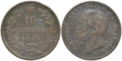 Италия 10 чентезимо 1867 H, Виктор Эммануил II (1861-1878) KM 11.3 медь 32-616