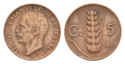 Италия 5 чентезимо 1921 R, Виктор Эммануил III (1900-1946) KM 59 медь 4658-753