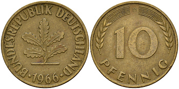 ФРГ 10 пфеннигов 1966 D J. 383, KM 108 сталь плакированная латунью    4603-324