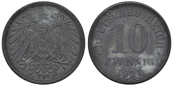 Германия 10 пфеннигов 1921 KM 26, J. 299, Weege 8 цинк 4119-351