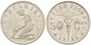 БЕЛЬГИЯ 50 САНТИМОВ 1923 BELGIE KM 88 никель 261-1652