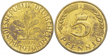 ФРГ 5 ПФЕННИГОВ 1970 J KM 107 J. 382 сталь плакированная латунью 3955-559