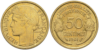 ФРАНЦИЯ 50 САНТИМОВ 1941 ТИП MORLON KM 894.1, LE FRANC 192.18 алюминиевая бронза 44-624