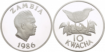 Замбия 10 квача 1986 WWF, серия защита окружающей среды, белокрылый пушистик,  тираж 25000 экз. KM 25 серебро PROOF 02-224-33