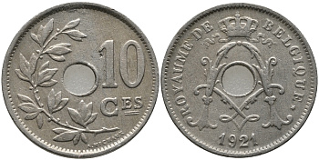 БЕЛЬГИЯ 10 САНТИМОВ 1921 BELGIQUE KM 85.1 медно-никель 4380-356