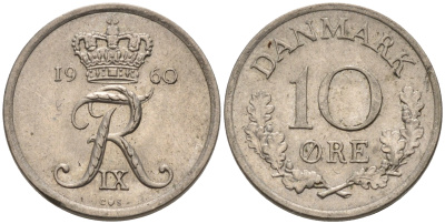 ДАНИЯ 10 ЭРЕ 1958 C; S, ФРЕДЕРИК IX (1947-1972) КМ 849.1 медно-никель 4564-1218