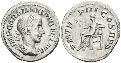 Римская Империя денарий 241 - 243 Гордиан III PM TRP III COS II PP Аполлон Рим Good Very fine RIC 114 серебро 1073-4-101
