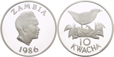 Замбия 10 квача 1986 WWF, серия защита окружающей среды, белокрылый пушистик,  тираж 25000 экз. KM 25 серебро PROOF 02-224-33