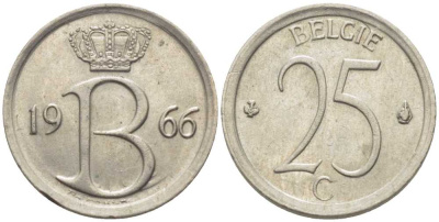 Бельгия 25 сантимов 1966 Belgie, Бодуэн I (1951-1993) KM 154.1 медно-никель 116-951