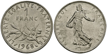 Франция 1 франк 1968 сеятель KM 925 никель 4135-826
