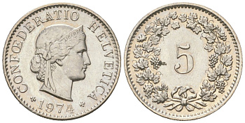 Швейцария 5 раппенов 1974 KM 26 медно-никель aUNC 4164-712