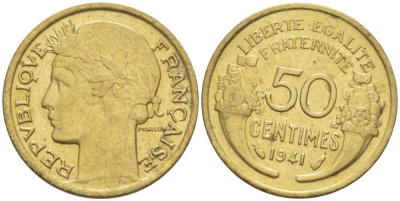 Франция 50 сантимов 1941 тип Морлон KM 894.1, Le Franc 192.18 алюминиевая бронза 201-858