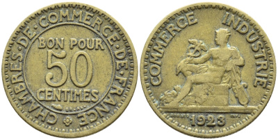 ФРАНЦИЯ 50 САНТИМОВ 1923 CHAMBRES DE COMMERCE KM 834, LE FRANC 191.6 алюминиевая бронза 4392-732