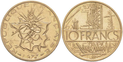 Франция 10 франков 1977 тип Матье KM 940, Le Franc 365.9-10 никель латунь 215-621
