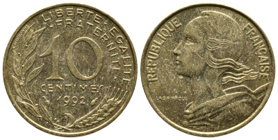 Франция 10 сантимов 1992 тип Марианна KM 929 медь алюминий никель 3461-233