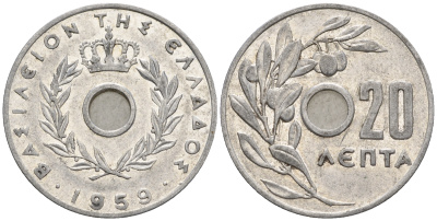 Греция 20 лепта 1959 Павел I (1947-1964), оливковая ветвь KM 79 алюминий 87-333