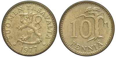 ФИНЛЯНДИЯ 10 ПЕННИ 1977 K KM 46 алюминиевая бронза 3334-1134