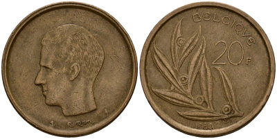 Бельгия 20 франков 1980 Belgique, Бодуэн I (1951-1993) KM 159 никель бронза 4601-326