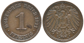 Германия 1 пфенниг 1911 A KM 10, J. 10, Weege 2 медь 100-869