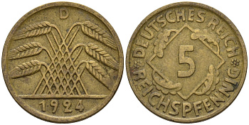 Германия 5 рейхспфеннигов 1924 D KM 39, J. 316 алюминиевая бронза 4596-134
