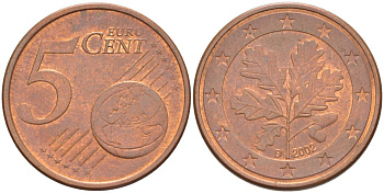 ГЕРМАНИЯ 5 ЕВРОЦЕНТОВ 2002 D KM 209 сталь плакированная медью 4543-534