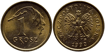 ПОЛЬША 1 ГРОШ 1992 MW KM 276 латунь UNC 26-512