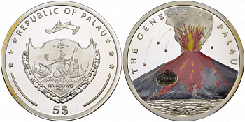 Палау 5 долларов 2006 вулканы Палау, цветная эмаль, лава!!! Тираж 2500 экземпляров серебро PROOF 1071-5-62