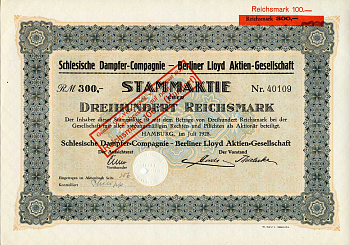 Германия 300 рейхсмарок 1928 Силезская пароходная компания, АО Берлинского Ллойда, акция   бумага   8801-23-1