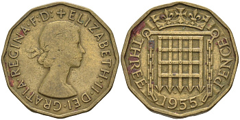 Великобритания 3 пенса 1955 Елизавета II (1952-2022) KM 900, Spink 4153 никель латунь 4114-246