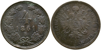 АВСТРИЯ 4 КРЕЙЦЕРА 1861 B, ФРАНЦ ИОСИФ (1848-1916) KM 2194 медь 4385-424