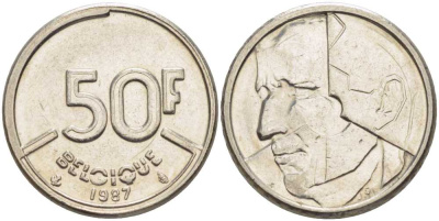 БЕЛЬГИЯ 50 ФРАНКОВ 1987 BELGIQUE, БОДУЭН I (1951-1993) KM 168 никель 4391-154