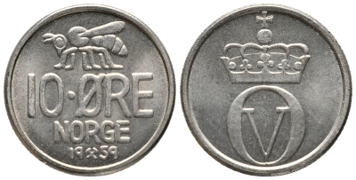 НОРВЕГИЯ 10 ЭРЕ 1959 ПЧЕЛА, УЛАФ V (1957-1991) KM 411 медно-никель 66-149