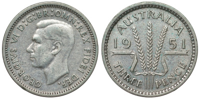 Австралия 3 пенса 1951 m, Георг VI (1937-1952), без букв KM 44 серебро 71-329