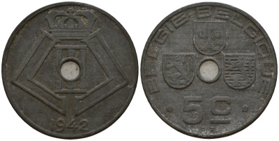 Бельгия 5 сантимов 1942 Belgie - Belgique, Леопольд III (1934-1947), германская оккупация, Вторая мировая война KM 124 цинк 4160-1134