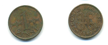 Финляндия 1 пенни 1963 первый год KM 44 медь 80-832