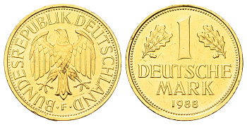 ФРГ 1 марка 1988 KM 110, J. 385 медно-никель, золочение 4654-636