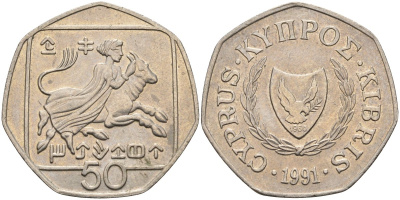 Кипр 50 центов 1991 похищение Европы KM 66 медно-никель 4141-1225