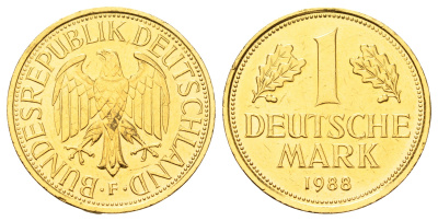 ФРГ 1 марка 1988 KM 110, J. 385 медно-никель, золочение 4654-636