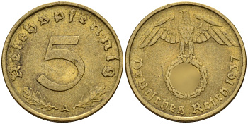 Германия 5 рейхспфеннигов 1937 A KM 91, J. 363 алюминиевая бронза 4151-738