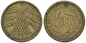 Германия 10 рейхспфеннигов 1929 F KM 40, J. 317 алюминиевая бронза 4121-924