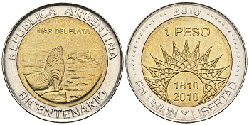 Аргентина 1 песо 2010 200 лет Аргентине - Мар-дель-Плата KM 158, CJ 6.19, Schon 168 биметалл    60-645