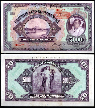Богемия и Моравия 5000 крон 1920 (1943) образец - SPECIMEN. Река Лабе/Эльба, островные грузовые суда, девушка в костюме рабочего Pick 16 бумага UNC (пресс) 451-1079-1