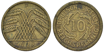 Германия 10 рейхспфеннигов 1929 F KM 40, J. 317 алюминиевая бронза 4121-924